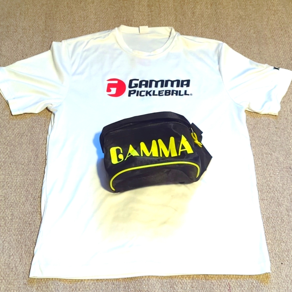 Gamma sports fanny pack black and neon green and SZ large gamma pickleball shirt